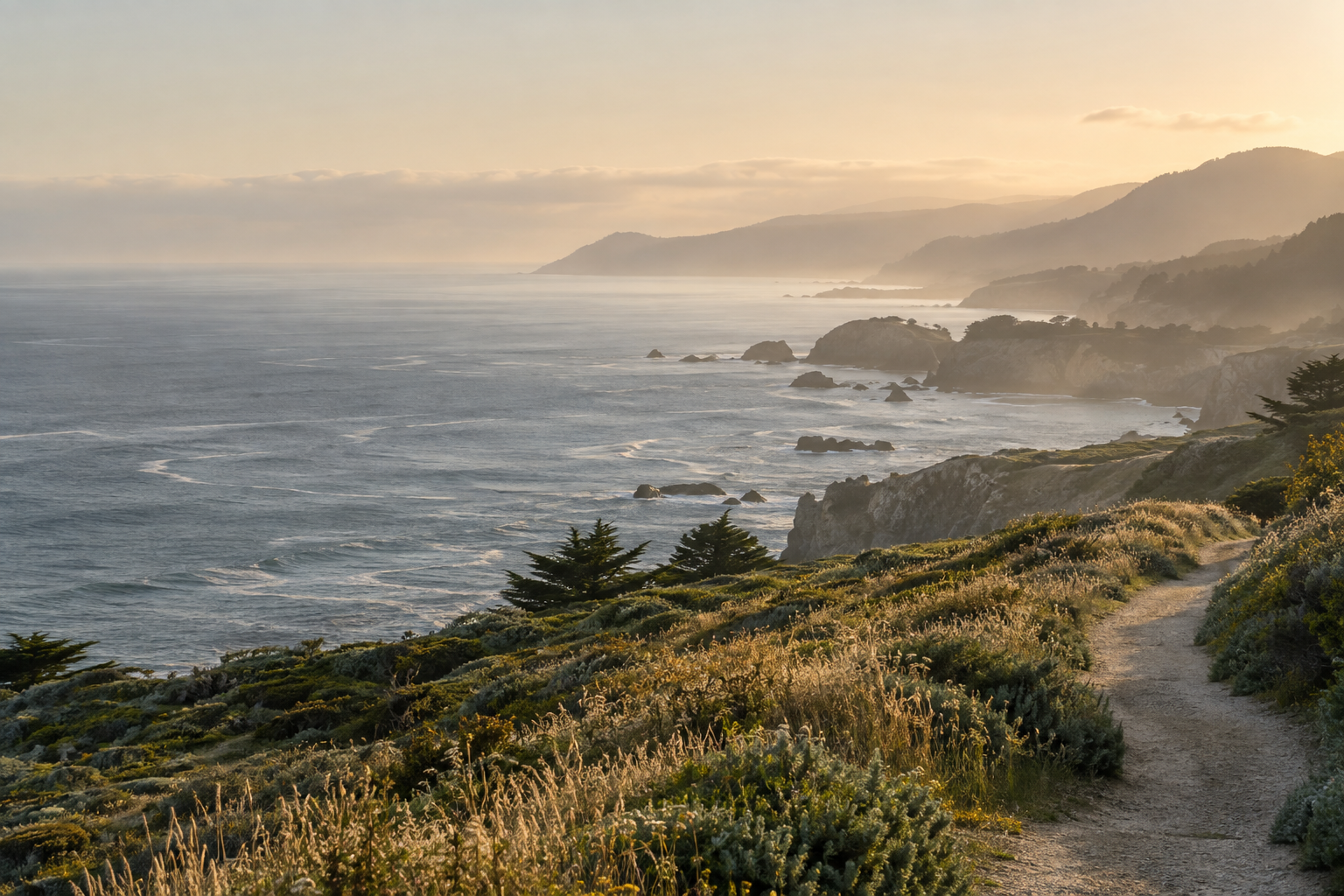 A peaceful coastal path looking toward the morning horizon